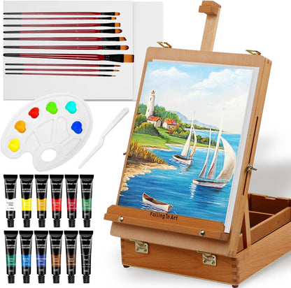 Falling in Art 27-Piece Beechwood Tabletop Easel Box Set, Acrylic Painting Kit with Easel Box, Canvas Panels, Brushes, Paints, Palette & Mixing Knife, White & Red