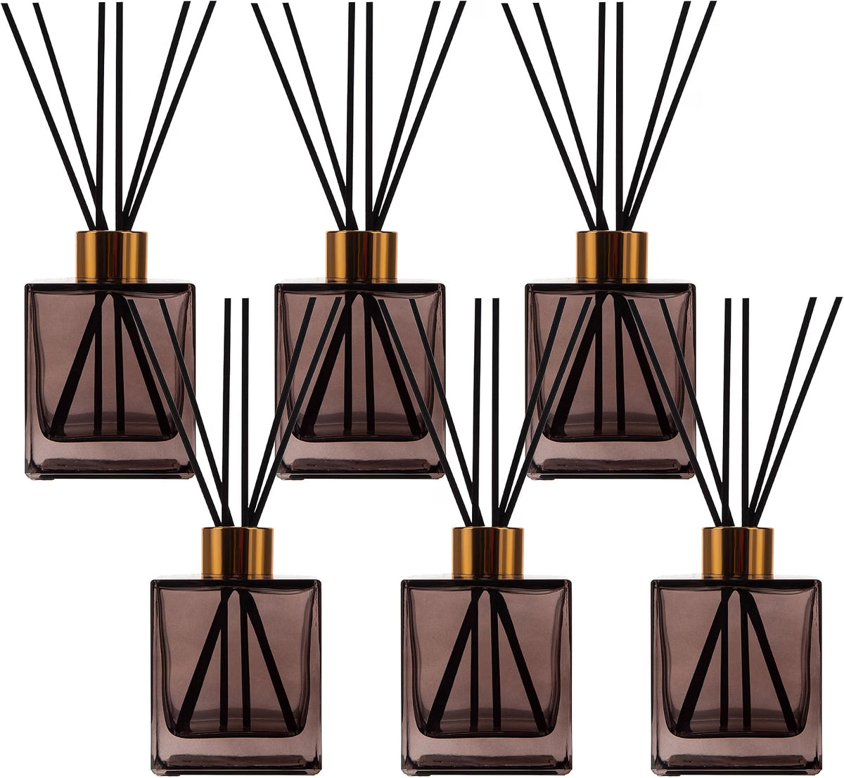 HyperionFlo Essentials 6-Pack Reed Diffuser Bottles, 200 ml Brown Glass Jars with Gold Caps & Black Sticks, Empty DIY Fragrance Containers
