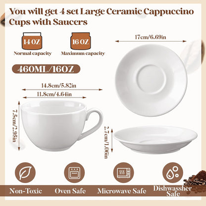 4 Set 16oz Cappuccino Cups with Saucers, Heavyweight Porcelain Large Ceramic Coffee Mugs, White Espresso Cup Saucer Set, Housewarming Gift, for Tea, Espresso, Latte, Kitchen Cafe