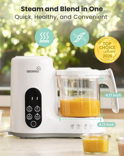 Grownsy Baby Food Maker, Steamer & Blender Baby Food Processor, White BPA-Free Elevated Steam Basket, Healthy Homemade Baby Food Purees, Starting Solids & BLW, Baby Feeding Essentials, 6+ Months