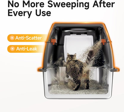 TEVILA XL Enclosed Stainless Steel Litter Box with Lid, Black, High-Sided Cat Litter Box with Scoop, Step & Mat, X-Large