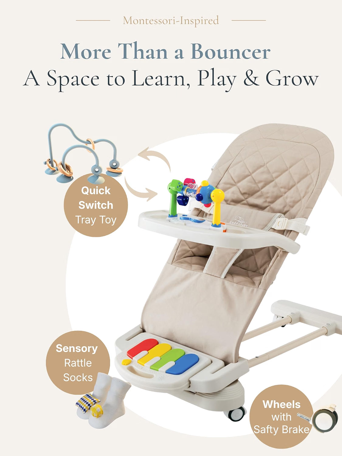 Cuddo Baby 4-in-1 Montessori Baby Bouncer, Sensory Play Center with Piano, Tray, Rattle Socks & Teether, Foldable Baby Activity Seat with Wheels, Khaki