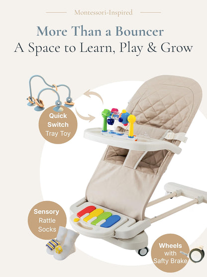 Cuddo Baby 4-in-1 Montessori Baby Bouncer, Sensory Play Center with Piano, Tray, Rattle Socks & Teether, Foldable Baby Activity Seat with Wheels, Khaki