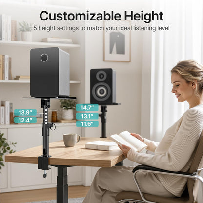 PEGZONE Clamp-on Speaker Stand Pair Heavy-Duty Desktop Speaker Mount Black