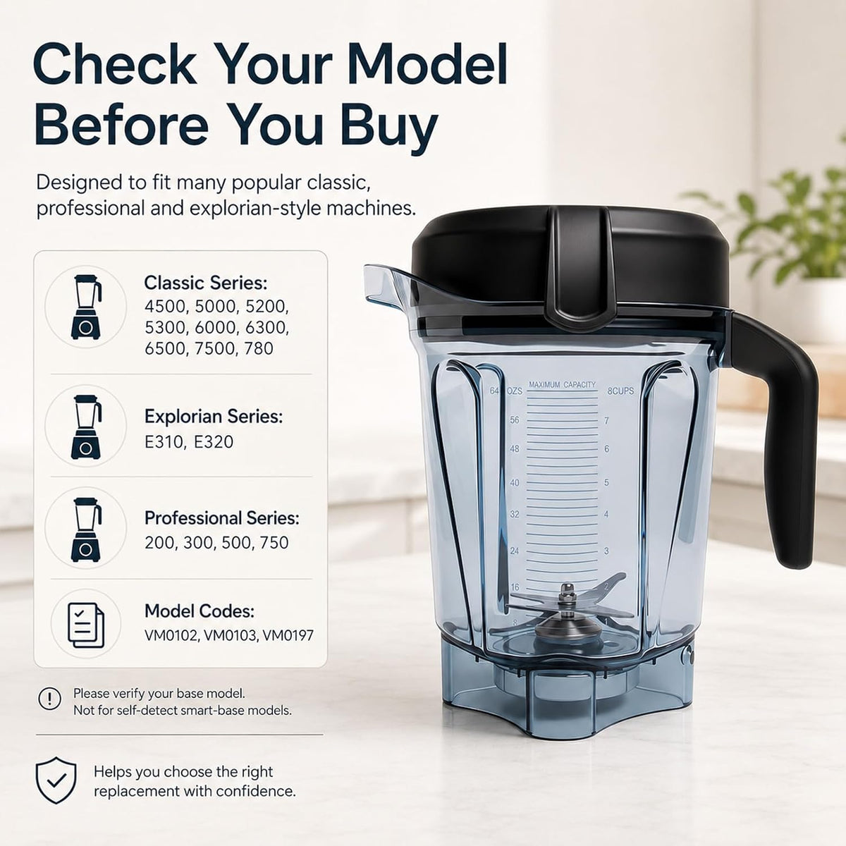 64oz Low-Profile Blender Pitcher Compatible with 5200/7500/5000/6300/750/E310/VM0102/VM0103/VM0197- BPA-Free Container Jar Cup for Classic & Explorian Series