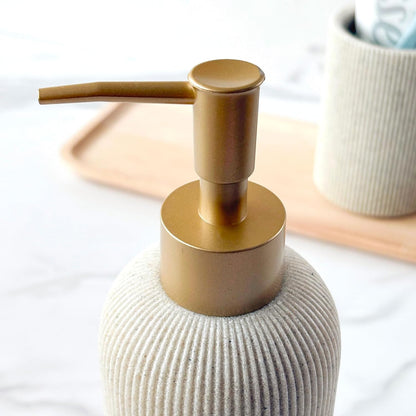 Sand Beige Hand Soap Dispenser with Matte Gold Pump, 11oz Luxury Boho Farmhouse Style, Fluted Sandstone Texture, Lotion & Dish Soap Dispenser for Bathroom and Kitchen Countertop