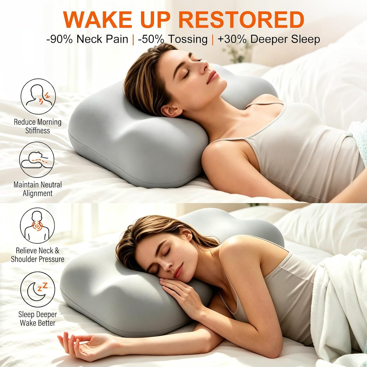 CCidea Cervical Neck Pillow for Neck Pain Relief - 80D Cloud-Like Memory Foam Bed Pillow, 9 Ventilation Channels, Dual Height for Side, Back & Stomach Sleepers, 2 Ice Silk Cooling Pillowcases, Queen