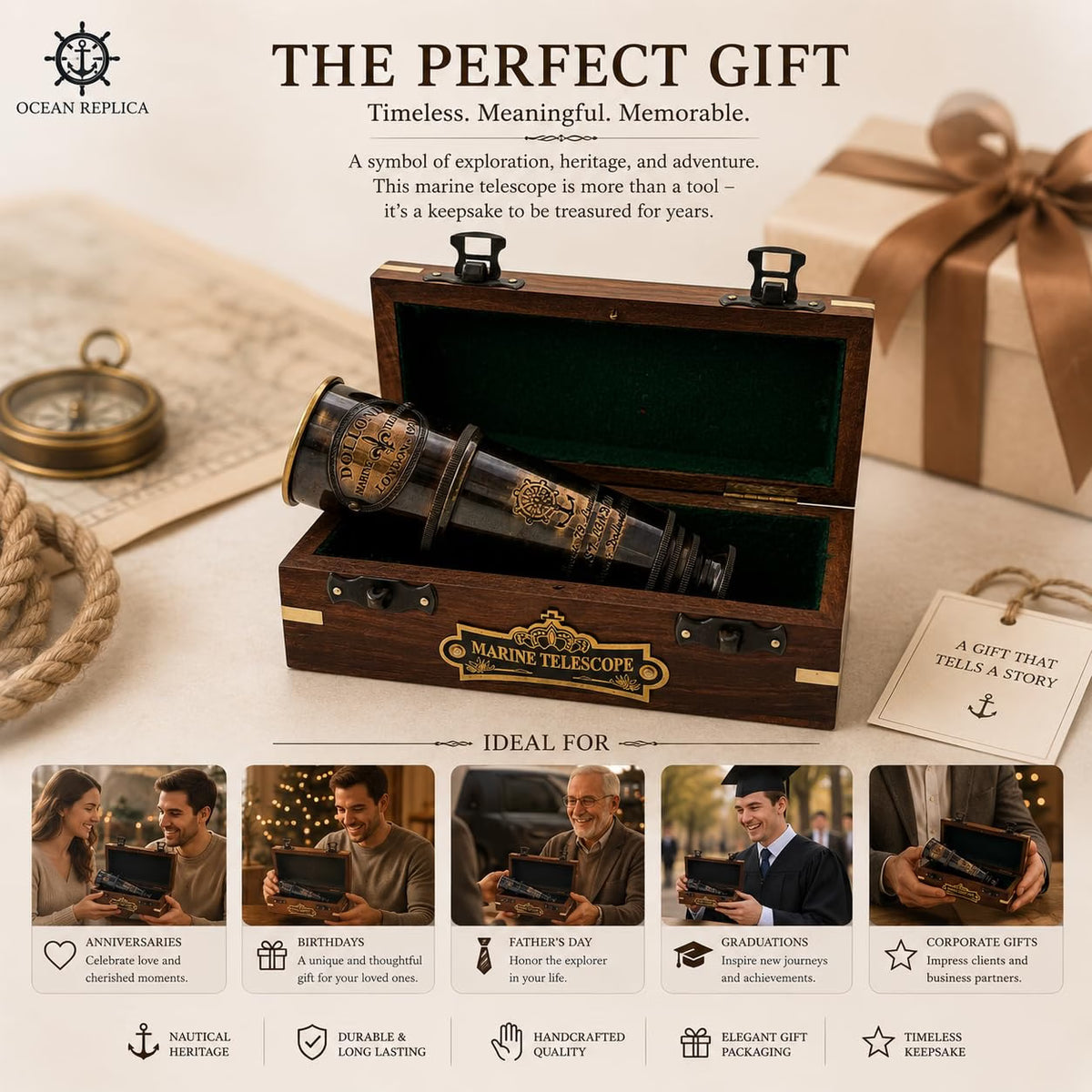 OCEAN REPLICAS 1920 Dollond London Brass Maritime Telescope, 15-Inch Vintage Nautical Spyglass with 25x Magnification, Solid Brass Scope & Wooden Box