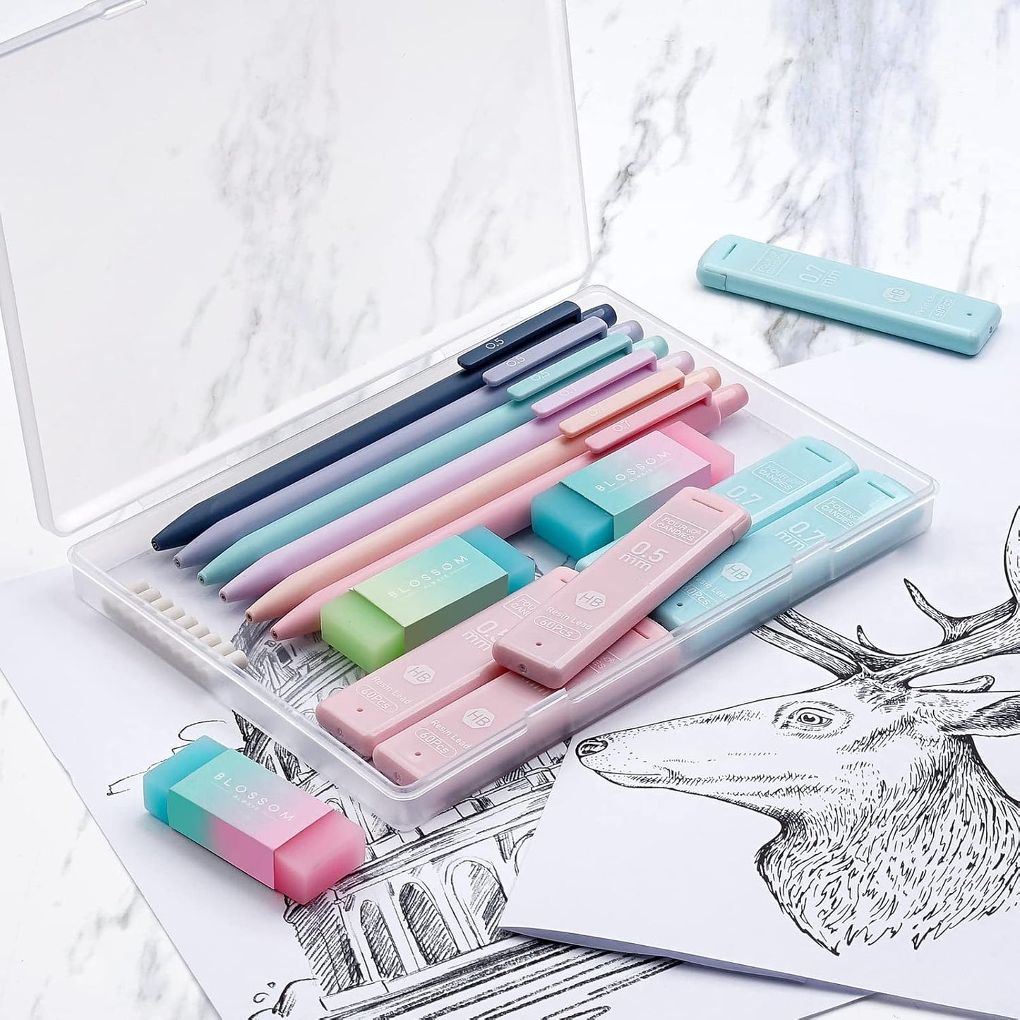 Four Candies Cute Mechanical Pencil Set, 6-Pack 0.5/0.7mm with Lead Refills and Erasers, Multicolor