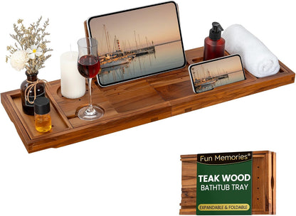 Teak Bathtub Tray - Luxury Bath Tray with Expandable Handles, Wine Glass and Phone Holders, Book Stand - Perfect for Home Spa Relaxation and Reading - Natural Bath Accessories - Light Walnut Color