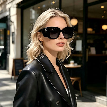 HyperionFlo Essentials Women's Oversized Square Sunglasses, Black Frame with Gold Accent Temple, Gray Lenses