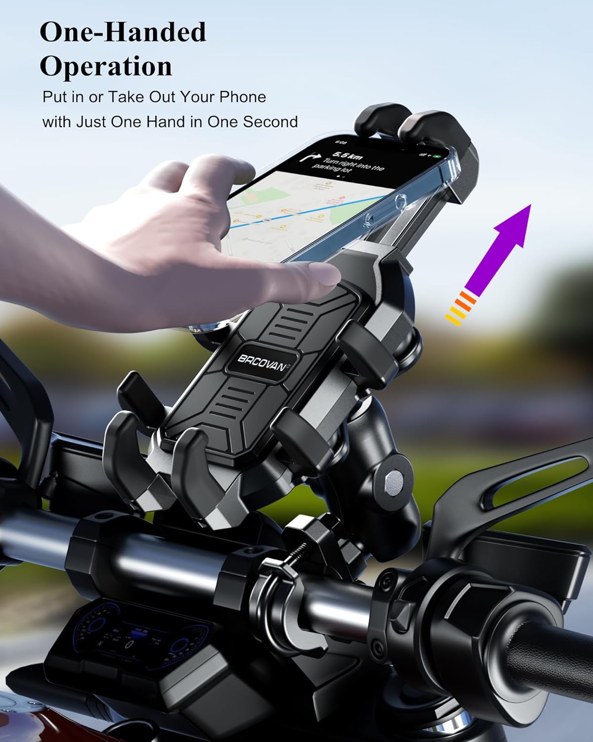 BRCOVAN Motorcycle Phone Mount Holder with Vibration Dampener, Adjustable Handlebar Phone Cradle for Motorcycles, Bikes, E-Bikes, ATVs & Scooters, Black