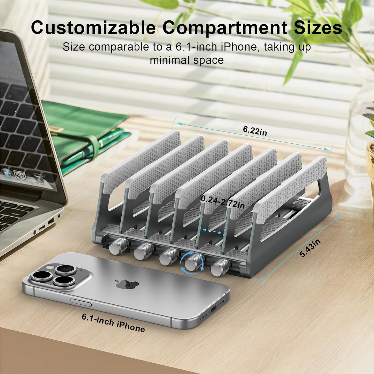 Elestoria 6-Slot Vertical Laptop Stand & Holder –Adjustable Aluminum Laptop Stand Vertical for Desk Fits 6 Devices, MacBook & Gaming Laptops (Up to 17.3”)–Space Saving Laptop Storage Rack - Grey