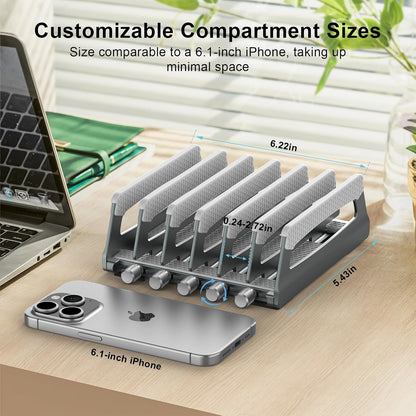Elestoria 6-Slot Vertical Laptop Stand & Holder –Adjustable Aluminum Laptop Stand Vertical for Desk Fits 6 Devices, MacBook & Gaming Laptops (Up to 17.3”)–Space Saving Laptop Storage Rack - Grey
