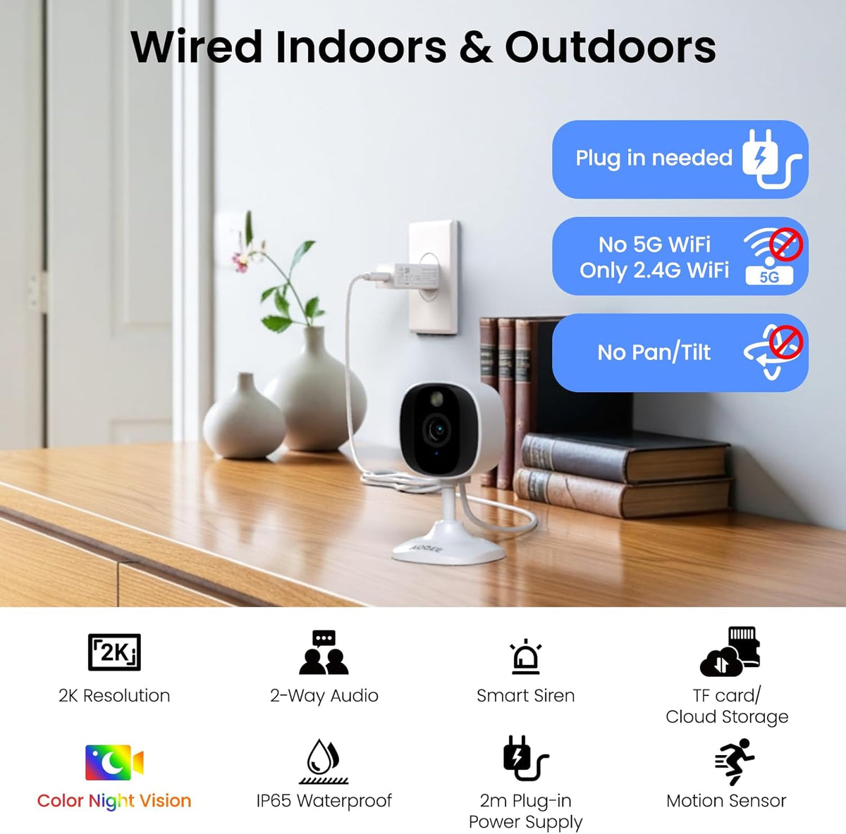AOQEE C1 2K Security Camera 2-Pack, Indoor & Outdoor Wi-Fi Cameras, 3MP Color Night Vision, Two-Way Audio, Motion Detection, IP65 Waterproof, Works with Alexa & Google Home