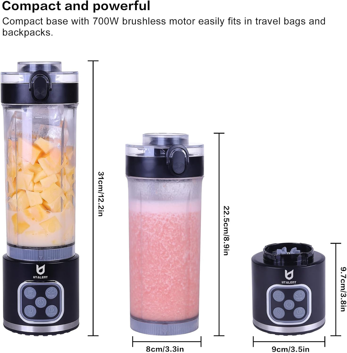 UTALENT Cordless Portable Blender, Ice Crush, 700W Motor, 25oz Cup, 4 Mode 700W Brushless Motor, USB-C rechargeable, Long-lasting, 25oz Tritan cup, Leakproof lid with sip spout, Dishwasher Safe Parts