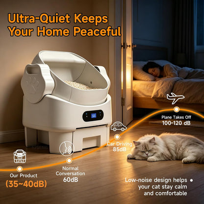 Self Cleaning Auto Litter Box Enclosure, Open-Top, Multiple Cats Safety Sensor Protection, Large Bin, Ultra Quiet, Easy Setup, Convenient Cleaning,Odor Control, Include Waste Bag, White
