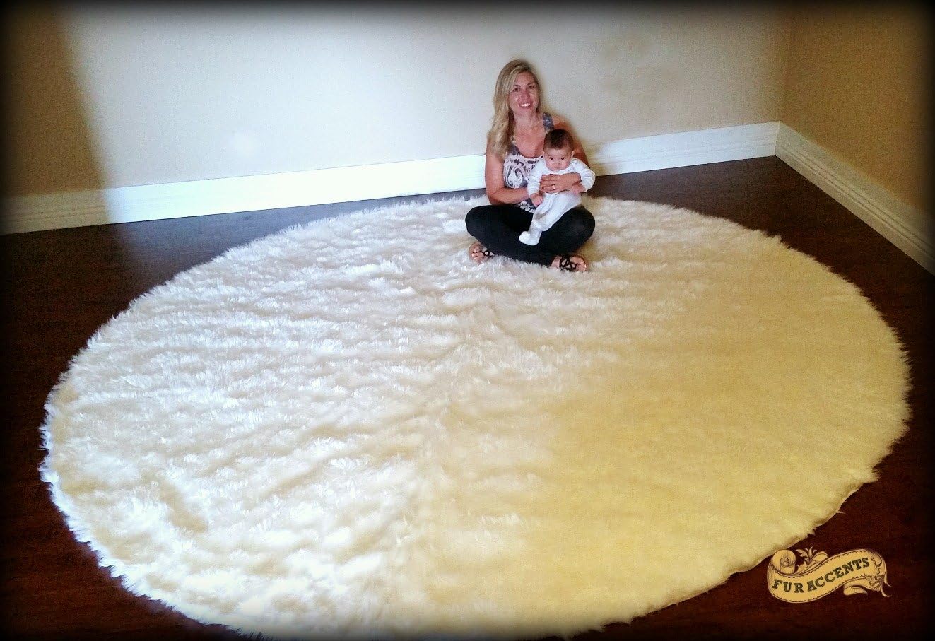 Fur Accents Shag Faux Fur Sheepskin Area Rug Round Large Soft White Plush