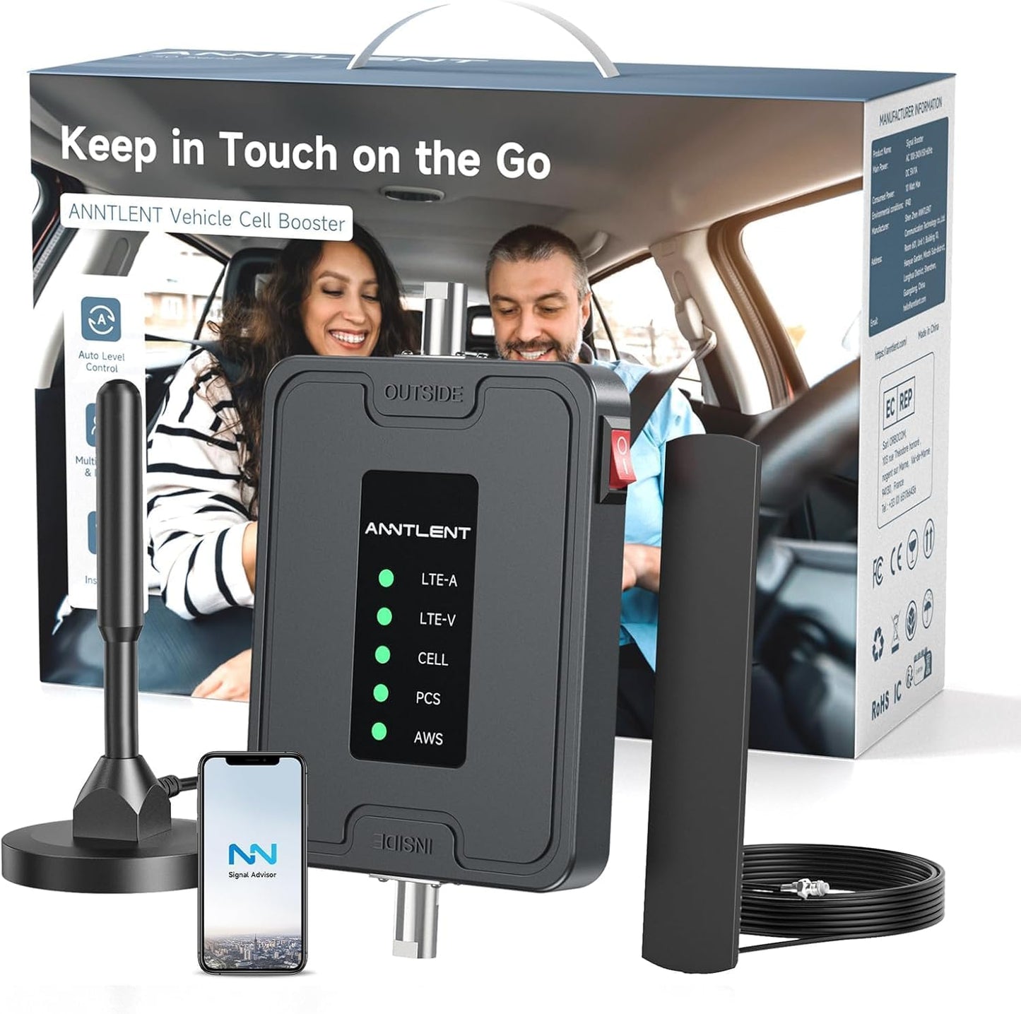 Cell Phone Signal Booster for Car, Truck and SUV Boosts Signal for All U.S. Carriers on Band 2, 4, 5, 12, 13 and 17 | Supports Multiple Devices | Easy to Setup
