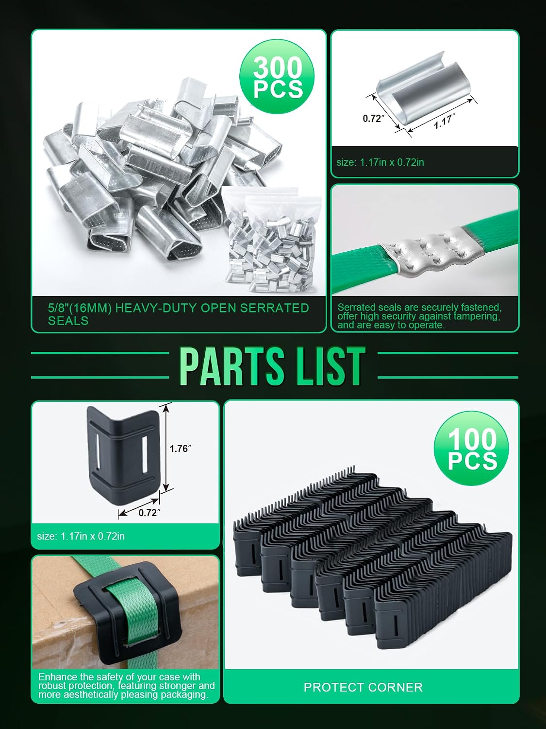 Banding Strapping Kit, Heavy Duty Pallet Packaging Kit with >1500lbs 5/8" x 1300' PET Strapping Roll, 300 Metal Seals, 100 Corner Protectors, Strapping Tensioner, Banding Sealer Tool