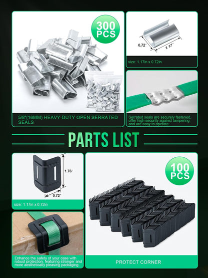Banding Strapping Kit, Heavy Duty Pallet Packaging Kit with >1500lbs 5/8" x 1300' PET Strapping Roll, 300 Metal Seals, 100 Corner Protectors, Strapping Tensioner, Banding Sealer Tool
