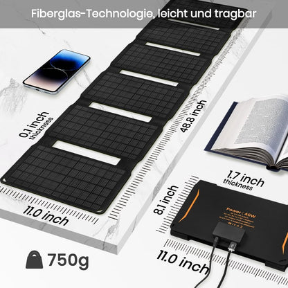 FlexSolar 40W Foldable Solar Panel Charger, USB-C USB-A & DC Outputs Waterproof portable solar charger for camping, hiking, backpacking; works with phones, power banks and tablets