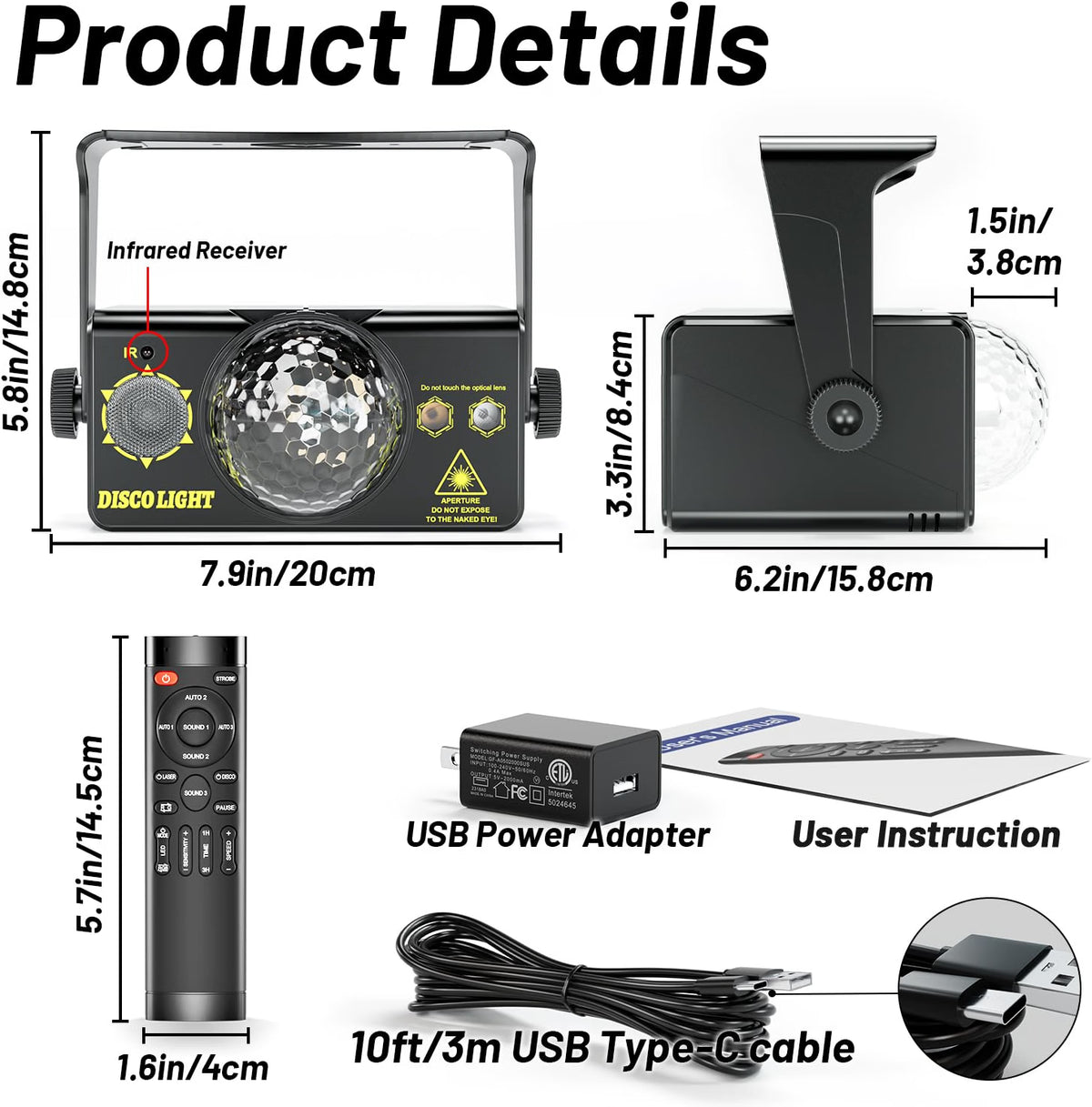 OIEZISRO 3-in-1 Disco Party Light, Sound Activated DJ Disco Ball & Strobe Stage Light with RGB LED Effects, Remote Control, Wall & Ceiling Mount, Black