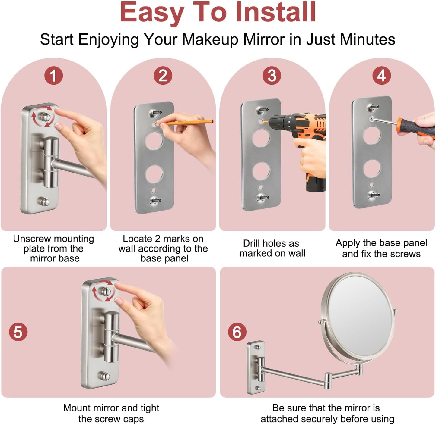 Wall Mounted Makeup Mirror, 1X/5X Magnifying Mirror Double Sided, 8 Inch Extendable Bathroom Mirror for Shaving, Nickel