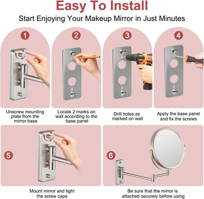 Wall Mounted Makeup Mirror, 1X/5X Magnifying Mirror Double Sided, 8 Inch Extendable Bathroom Mirror for Shaving, Nickel