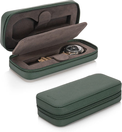 HOUSEOFHIGGINS Double Travel Watch Case for 2 Watches, 100% Saffiano Leather with Soft Microfiber Lining, Slim Watch Storage Organizer, Fits Watches up to 46mm, Green