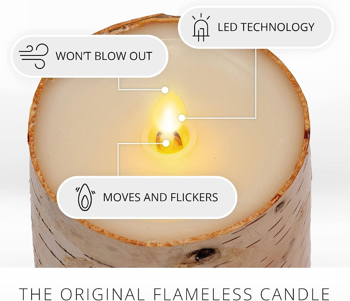 Luminara Real Birch Bark Wrapped Flameless LED Candle, 4" x 5.3", Battery Operated Moving Flame Pillar Light with Timer - Natural Decor Unscented
