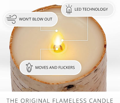 Luminara Real Birch Bark Wrapped Flameless LED Candle, 4" x 5.3", Battery Operated Moving Flame Pillar Light with Timer - Natural Decor Unscented