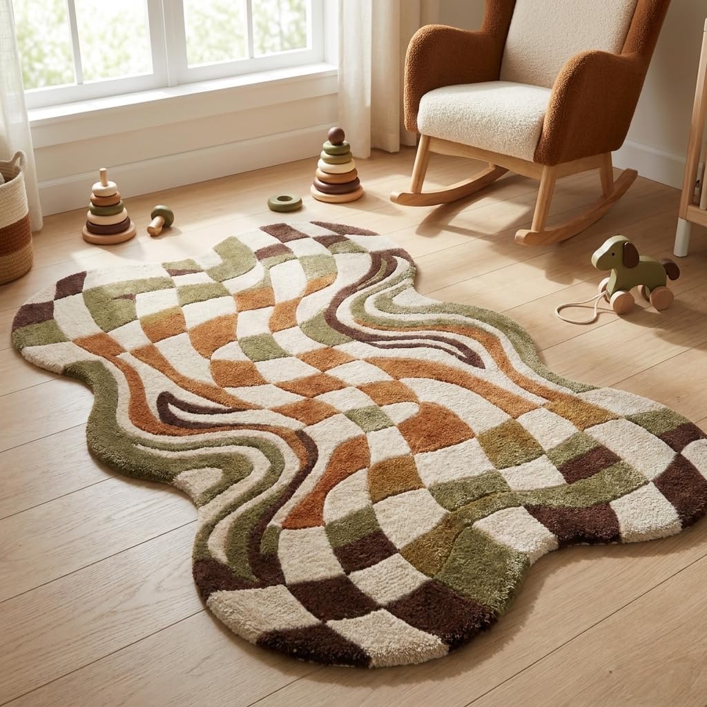 Warped Checkerboard Wool Rug, Hand-Tufted Retro Groovy Area Rug in Green, Rust & Cream, Irregular Shaped Wavy Checkered Carpet for Living Room & Bedroom, Boho Decor, 9x12 ft (274 x 365 cm)