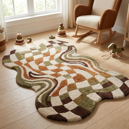 Warped Checkerboard Wool Rug, Hand-Tufted Retro Groovy Area Rug in Green, Rust & Cream, Irregular Shaped Wavy Checkered Carpet for Living Room & Bedroom, Boho Decor, 9x12 ft (274 x 365 cm)