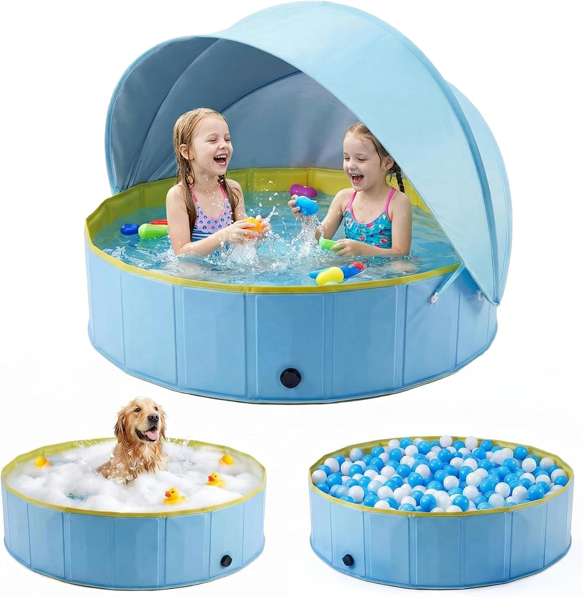 Kiddie Pool with Canopy, 63" Foldable Round Pool with Detachable UPF 50+ Sunshade, Non-Inflatable Swimming Pool with Anti-Slip Bottom for Kids, Pets & Outdoor Backyard, Blue