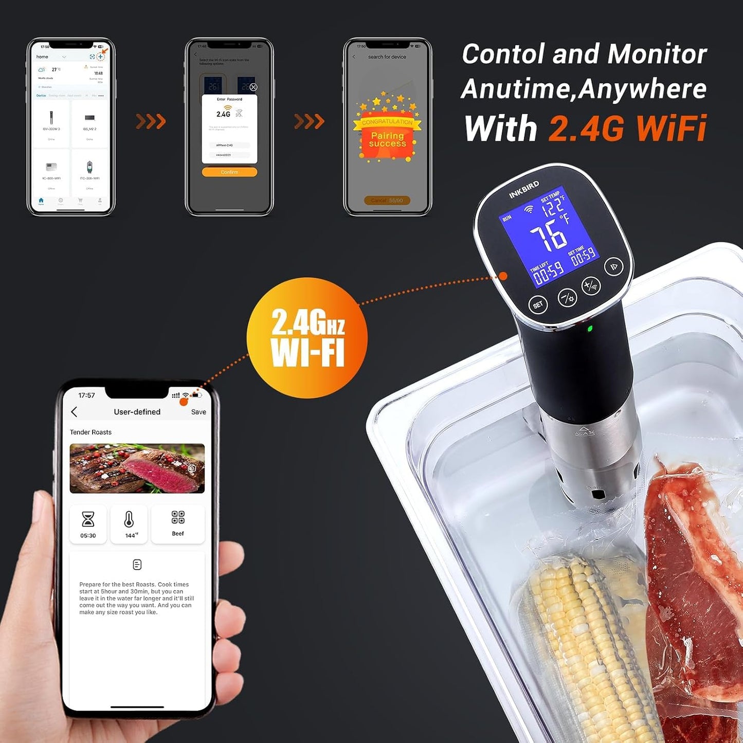 INKBIRD WiFi Immersion Circulator for Sous Vide, 1000W IPX7 Waterproof Precision Cooker with App Control