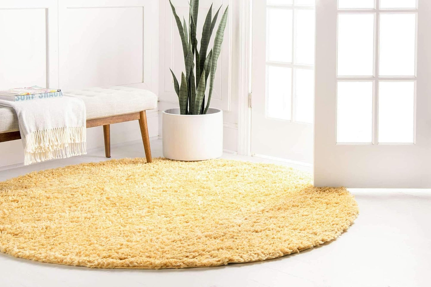 Unique Loom Davos Shag Collection Area Rug - Solid (5' 3" Round, Sun Yellow)