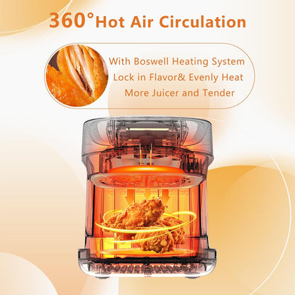 BOSWELL 7.5 QT Large Glass Air Fryer, 6-1 Preset Cook Modes | Transparent Fry Bowl, Black, Circulating Heating & Temperature Control, Steak, Fries, Bake...
