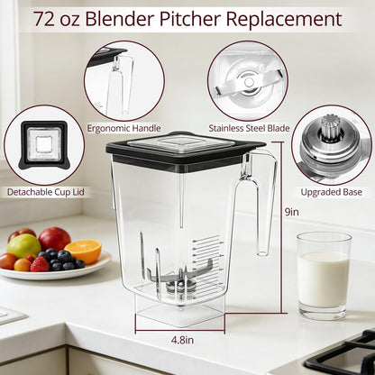 72 oz Replacement Pitcher Cup, Compatible with Blendtec Wildside+ Classic/Designer/Professional/Commercial Series, 5-Year Warranty