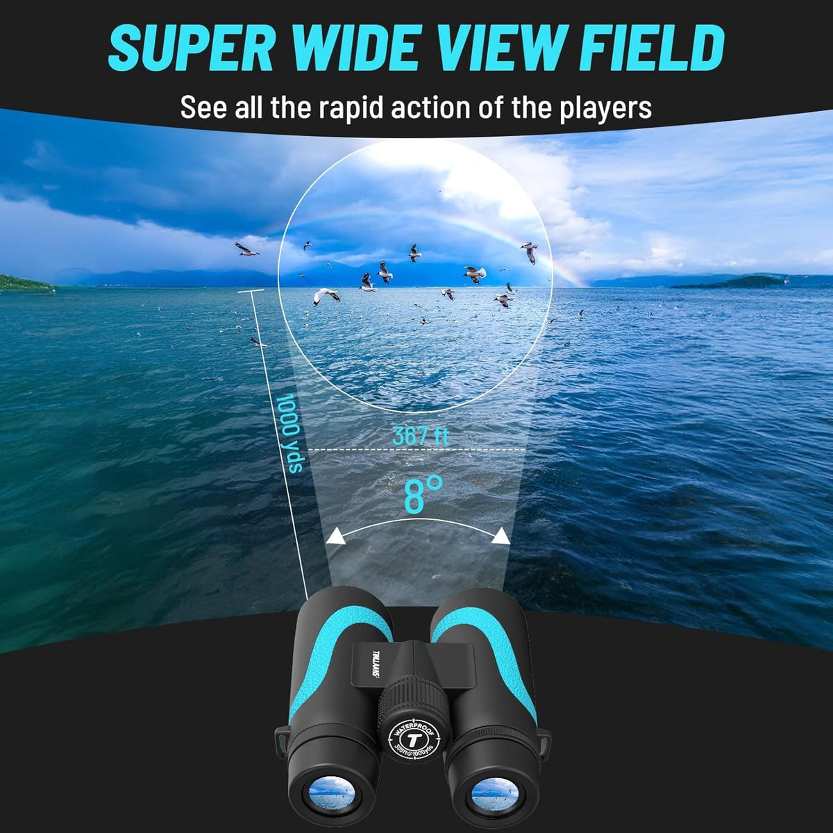 Tinllaans 15x55 UHD Binoculars with Phone Adapter, High-Powered BAK4 Prism Binoculars, 8° Wide Angle, IPX7 Waterproof & Fogproof, Fully Multi-Coated, Blue