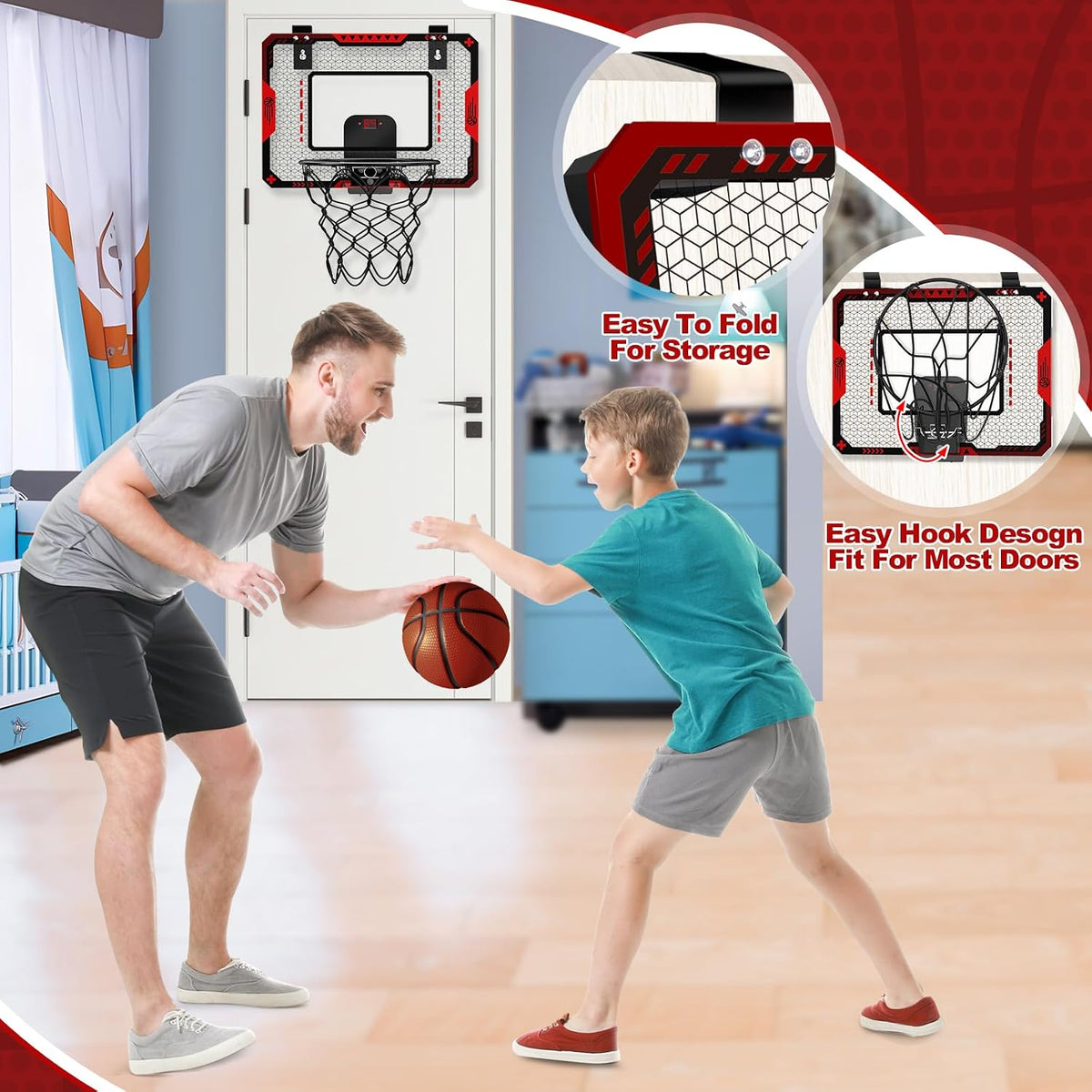 GMAOPHY Mini Basketball Hoop for Kids, Over-the-Door Indoor Basketball Hoop with Electronic Scoreboard, 3 Balls & Pump, Foldable Basketball Set, Red