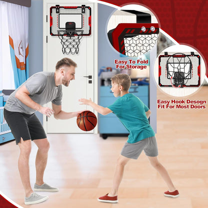GMAOPHY Mini Basketball Hoop for Kids, Over-the-Door Indoor Basketball Hoop with Electronic Scoreboard, 3 Balls & Pump, Foldable Basketball Set, Red