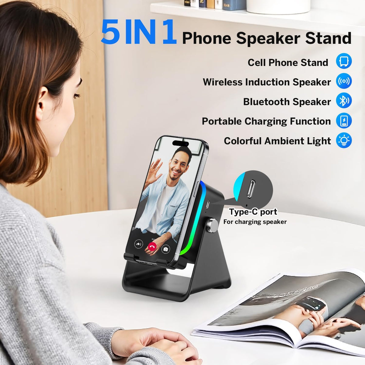 MILOUZ Wireless Induction Bluetooth Speaker with Phone Stand – 5-in-1 RGB Speaker for iPhone/Android/iPad (Black)
