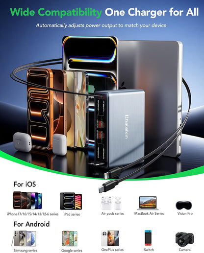 HATALKIN 8-in-1 Retractable Charger | 105W GaN Charging Station with USB-C & USB-A Ports for iPhone, Samsung Galaxy, Pixel, iPad & More