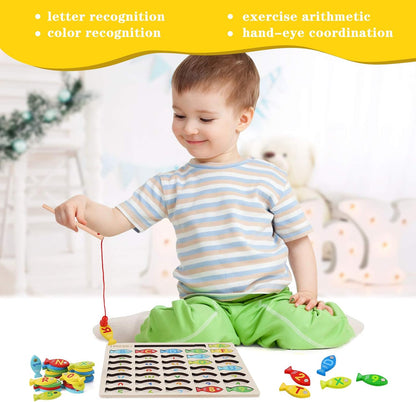 NASHRIO Magnetic Wooden Fishing Game for Kids, Alphabet & Number Fish Catching Puzzle, Wooden Preschool Learning Toy for Ages 3–5, ABC Math & Counting Educational Game