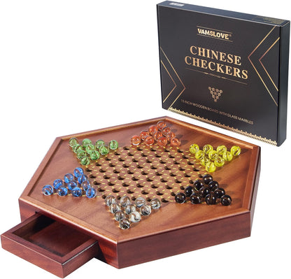 Vamslove Chinese Checkers 15-Inch Large Wooden Game Board, 72 Colorful 16mm Glass Marbles, 1-6 Player Family Board Game with Storage Drawer