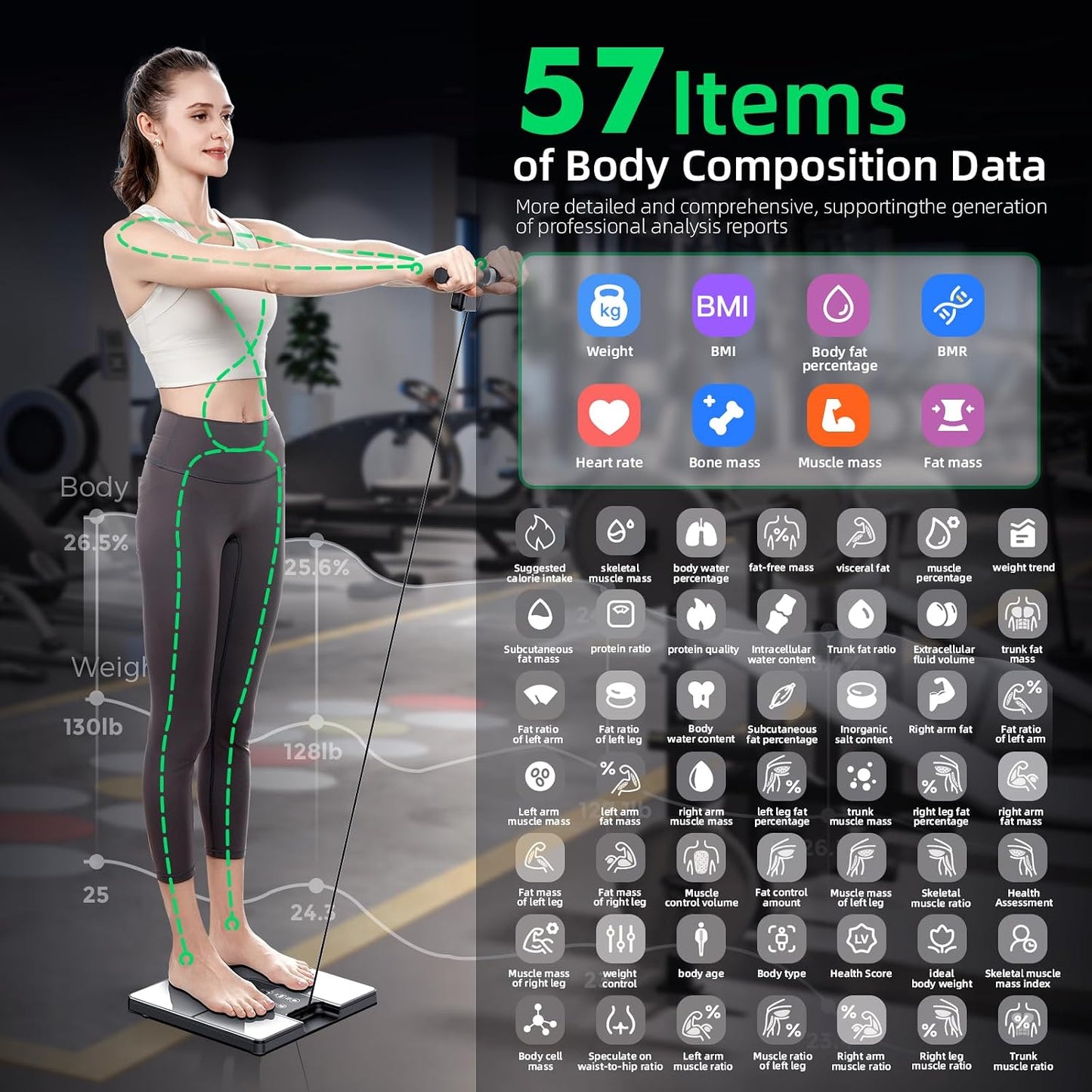 DEKABR Smart Body Composition Scale – BMI, Body Fat, Muscle Mass, TFT LCD Handle, 57 Metrics, Black