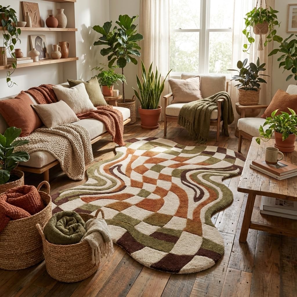Warped Checkerboard Wool Rug, Hand-Tufted Retro Groovy Area Rug in Green, Rust & Cream, Irregular Shaped Wavy Checkered Carpet for Living Room & Bedroom, Boho Decor, 9x12 ft (274 x 365 cm)