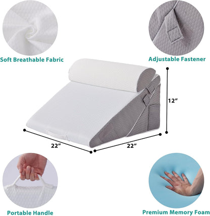 Bedluxe Wedge Pillow Set for After Surgery, Orthopedic Bed Wedge White/Grey Adjustable 9&12 Inch, Bed Wedge Pillow For Headboard, Acid Reflux&Back Pain Relief, Sleeping&Sitting Up, Neck&Lumber Support