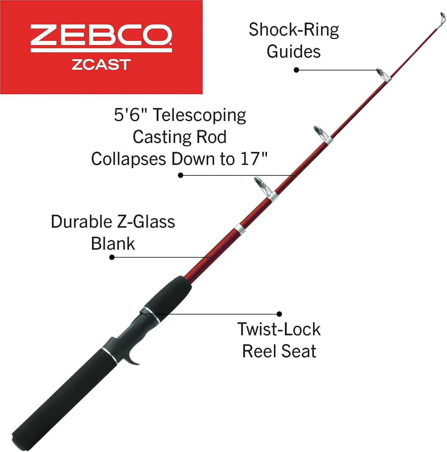Zebco Z-Cast Casting Fishing Rod, 5'6" Telescopic Fiberglass Fishing Pole, Medium Power, Red